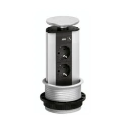 EVOline Port, Versenkbares Steckdosenelement, Mit 2 Schuko-Steckdosen + 1 USB/A-Buchse, Deckel Silberfarbig